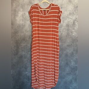 Rust Striped Maxi Dress with Short Rolled Sleeves